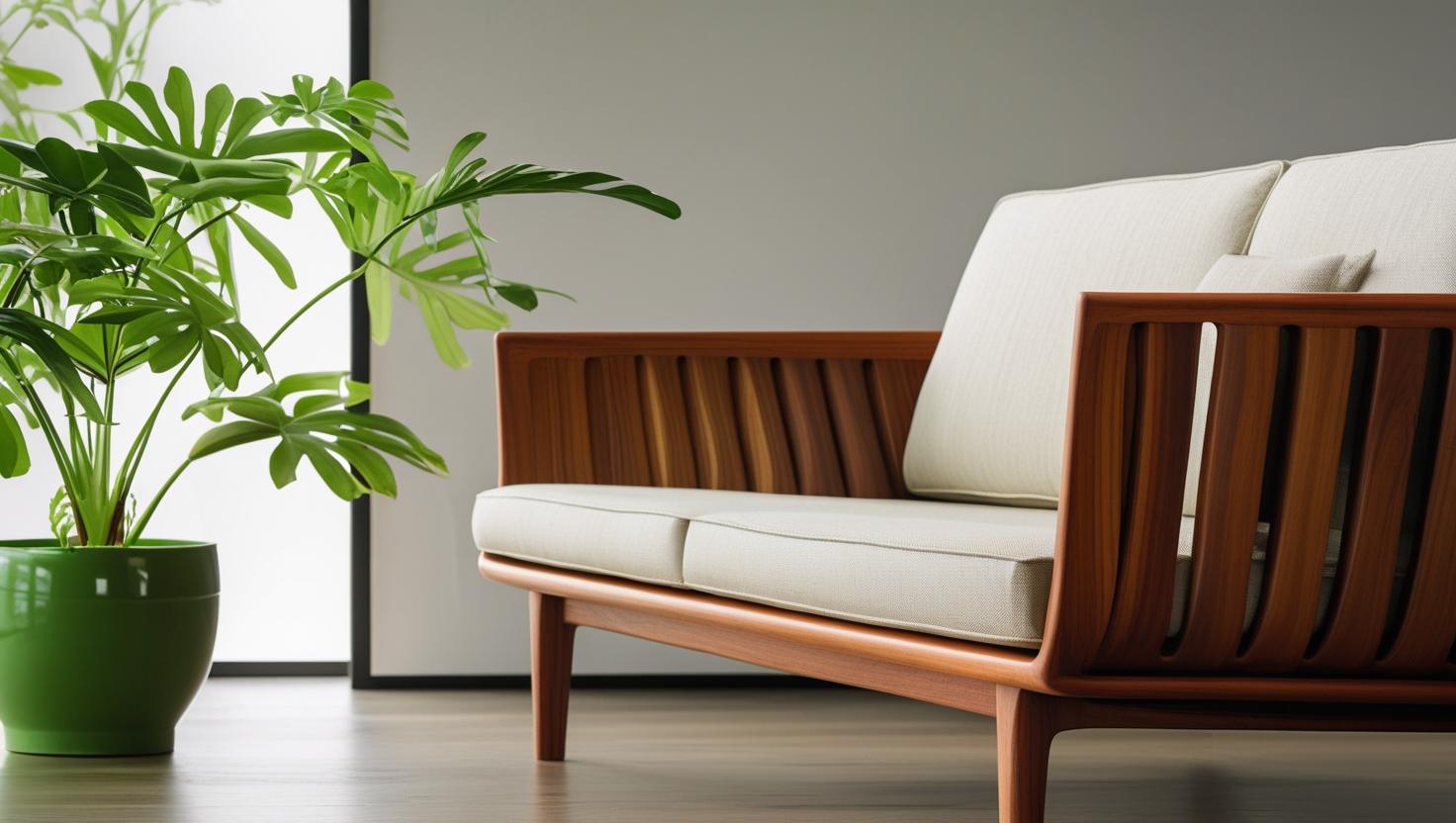 a luxurious minimalistic sofa with a plant and the sofa is only half visible in the image. the sofa is in teak wood with modern style and the overall image is very aesthetically appealing